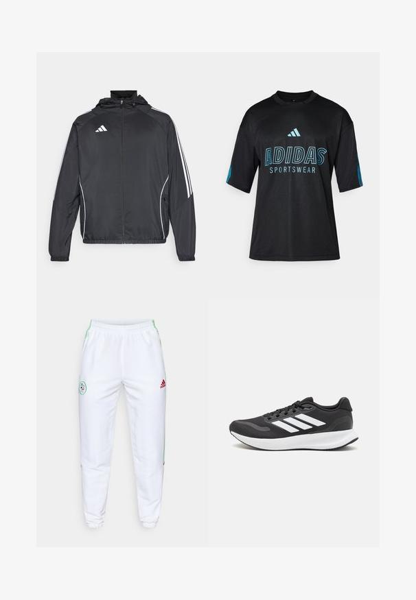 Black athletic jacket with a hood, featuring white stripes along the sleeves and a zippered front. Made from a smooth, lightweight fabric.; Black Adidas sportswear shirt with mesh texture, short sleeves, round collar, and blue logo and text detailing on the front and sleeves.; White athletic pants with elastic waistband, green side stripes, and red Adidas logo. Features a circular embroidered patch on the thigh.; Black athletic shoe with breathable mesh upper, white accents, and a cushioned sole. Features three stripes logo on the side.