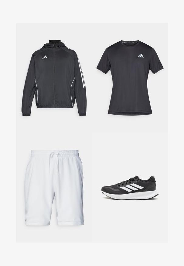 Črna športna jakna s kapuco, z belimi črtami ob rokavih in z zadrgo spredaj. Narejena iz gladkega, lahkega materiala.; Črna športna majica s kratkimi rokavi in okroglim izrezom, izdelana iz lahkega materiala. Na sprednji strani z odsevnimi lastnostmi nosi logotip Adidas.; Beli športni kratki hlače z elastičnim pasom in prilagodljivo vrvico. Gladko blago z rahlo teksturo, z bočnimi žepi.; Črne športne čevlje z zračnim mrežastim zgornjim delom, belimi akcenti in oblazinjeno podplatom. Imajo tri črte logo na strani.