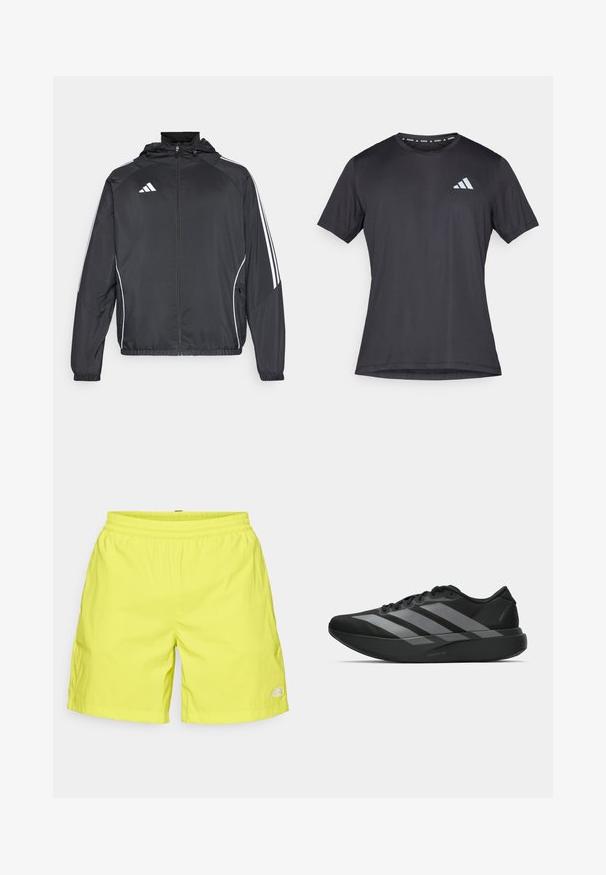 Chaqueta atlética negra con capucha, con rayas blancas a lo largo de las mangas y un cierre frontal con cremallera. Hecha de un tejido suave y ligero.; Camiseta deportiva negra, de manga corta y cuello redondo, hecha de tela ligera. Presenta un logo reflectante de Adidas en la parte frontal.; Bañador amarillo brillante con una cinturilla elástica, corte recto y un pequeño logo en el dobladillo inferior derecho. Textura de tela suave.; Zapatillas deportivas negras con un diseño ligero, que presentan tres franjas grises prominentes, una textura suave y una suela contorneada.