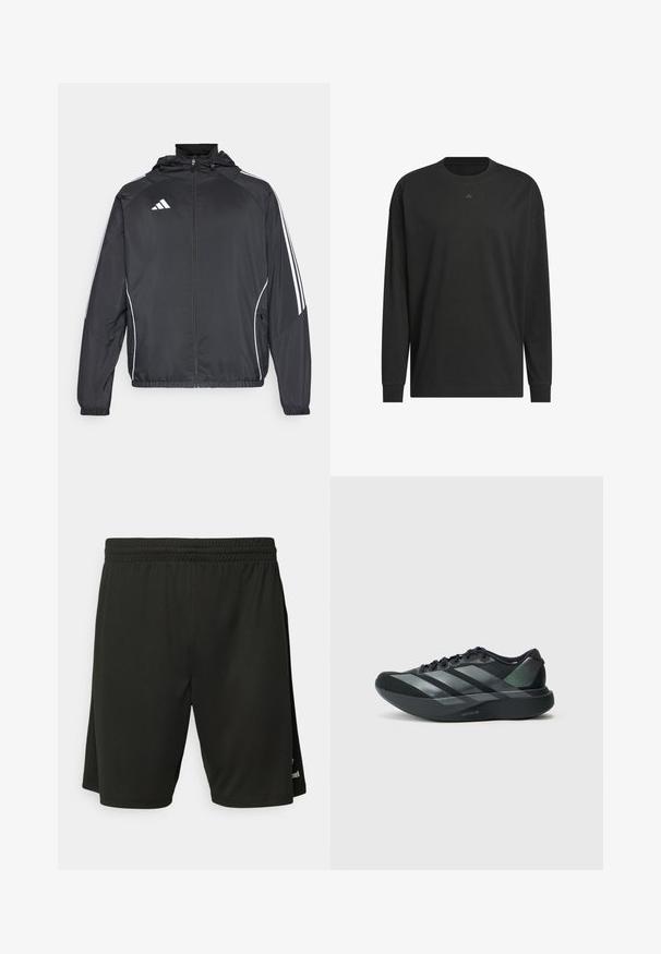 Čierna športová bunda s kapucňou, ktorá má biele pruhy pozdĺž rukávov a zips v prednej časti. Vyrobená z hladkej, ľahkej tkaniny.; Čierne tričko s dlhým rukávom vyrobené z jemnej bavlny, s okrúhlym výstrihom, vo voľnom strihu a s malým logom na hrudi.; Čierne športové šortky vyrobené z ľahkej textílie, s elastickým pásom a plochými švami. Obsahujú nenápadný logotyp na leme.; Čierna športová obuv s hladkým zvrškom, ktorá má strieborné diagonálne pruhy, textúrovanú pätu a ľahkú podrážku označenú nápisom 'LIGHTSTRIKE PRO.'