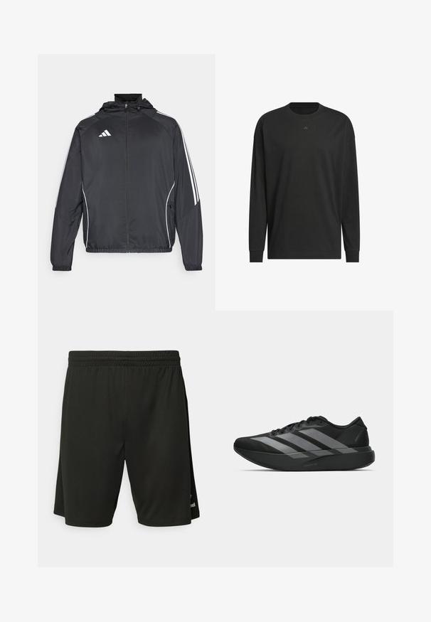 Black athletic jacket with a hood, featuring white stripes along the sleeves and a zippered front. Made from a smooth, lightweight fabric.; Black long-sleeve t-shirt made of soft cotton, featuring a crew neck, relaxed fit, and small logo detail on the chest.; Black athletic shorts made of lightweight fabric, featuring an elastic waistband and flat seams. Includes subtle logo detail on hem.; Black athletic shoes with a lightweight design, featuring three prominent gray stripes, a smooth texture, and a contoured sole.