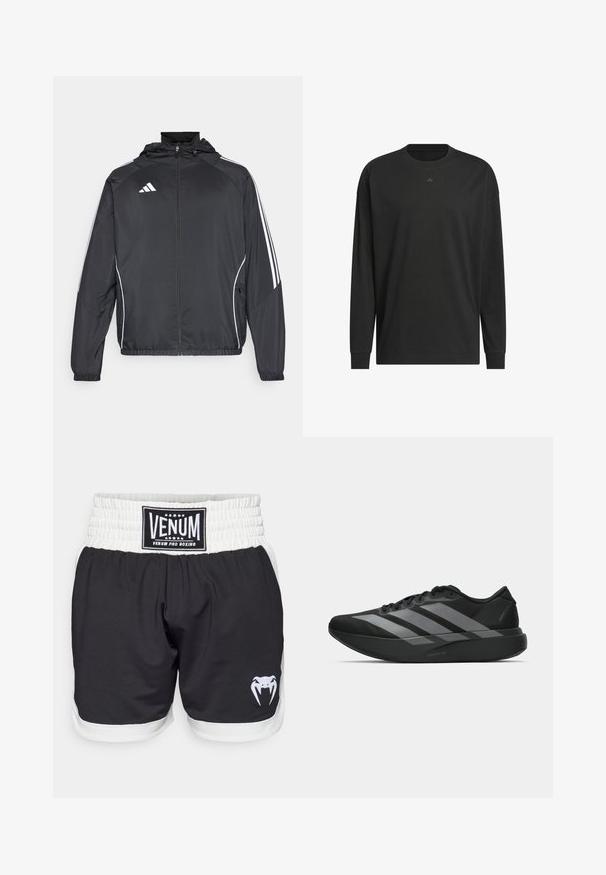 Černá sportovní bunda s kapucí, s bílými pruhy podél rukávů a s předním zipem. Vyrobena z hladkého, lehkého materiálu.; Černé tričko s dlouhým rukávem vyrobené z měkké bavlny, s kulatým výstřihem, volným střihem a malým logem na hrudi.; Černé boxerské šortky s bílým pasem, se znakem VENUM a bílou grafikou hada. Vyrobené z lehkého, odolného materiálu.; Černé sportovní boty s lehkou konstrukcí, se třemi výraznými šedými pruhy, hladkým povrchem a tvarovanou podrážkou.