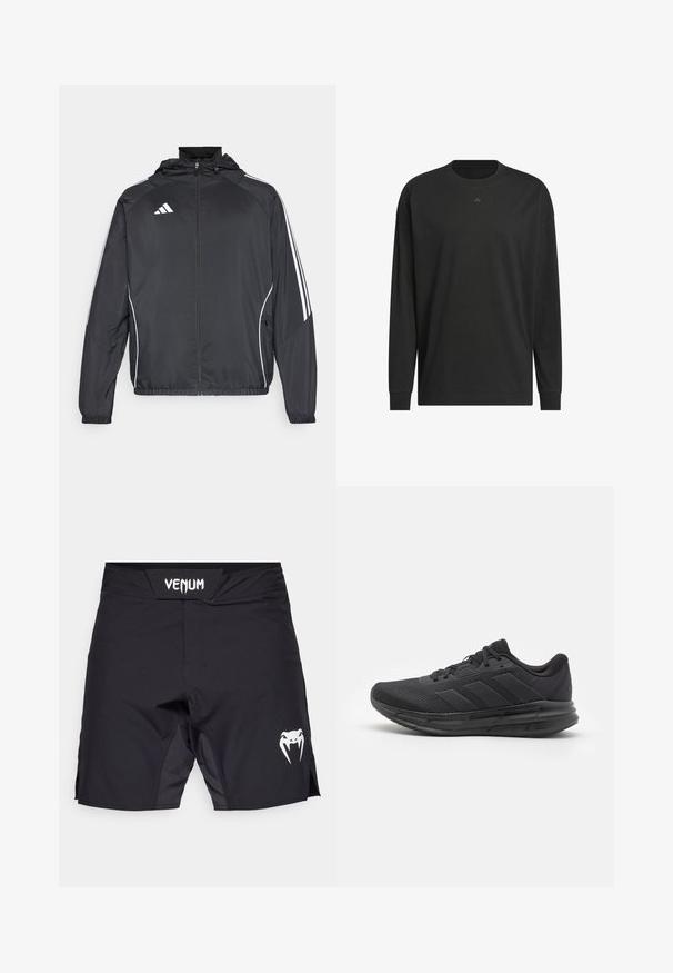 Černá sportovní bunda s kapucí, s bílými pruhy podél rukávů a s předním zipem. Vyrobena z hladkého, lehkého materiálu.; Černé tričko s dlouhým rukávem vyrobené z měkké bavlny, s kulatým výstřihem, volným střihem a malým logem na hrudi.; Černé sportovní šortky s plochým pasem, které mají bílé logo "Venum" a bílou grafiku hada na dolním pravém boku.; Černá sportovní obuv s prodyšným svrškem, gumovou podrážkou, texturovaným designem a detaily tří pruhů na boku. Pěnové polstrování pro pohodlí.