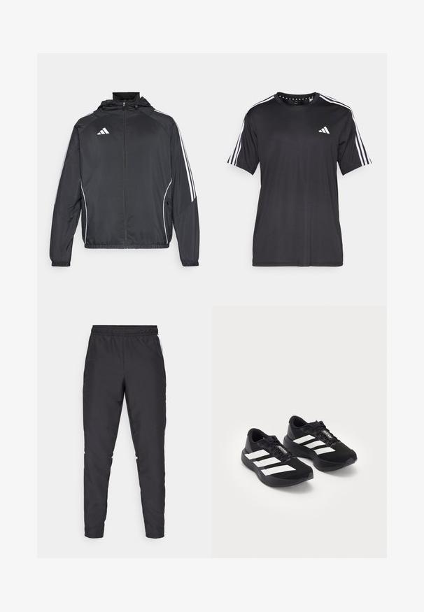 Melnā sporta jaka ar kapuci, ar baltām svītrām pa piedurknēm un ar rāvējslēdzēju priekšpusē. Izgatavota no gludas, vieglas auduma.; Melna īsām piedurknēm t-krekls ar baltu trīs svītru dizainu uz pleciem un logotipu uz krūškurvja. Izgatavots no elpojoša auduma, gluda tekstūra.; Melnas sporta bikses ar elastīgu jostu, sašaurinātām kājām un baltām sānu akcentiem. Izgatavotas no sintētiska materiāla ar gludu tekstūru.; Melna Adidas Adizero skriešanas apavu pāris ar baltām svītrām un auklām uz baltā fona, izvietoti blakus.