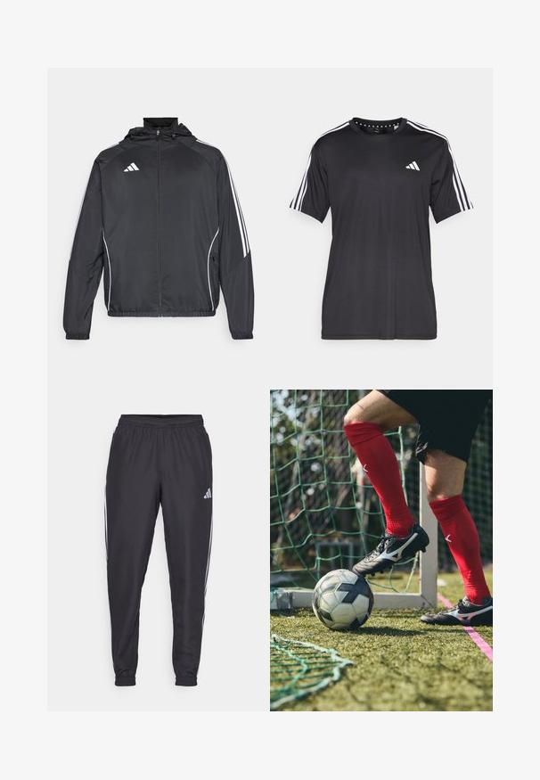Schwarze Sportjacke mit Kapuze, ausgestattet mit weißen Streifen an den Ärmeln und einem Reißverschluss vorne. Hergestellt aus einem glatten, leichten Stoff.; Schwarzes T-Shirt mit kurzen Ärmeln und weißem Dreistrichdesign an den Schultern sowie Logo auf der Brust. Hergestellt aus atmungsaktivem Stoff, glatte Textur.; Schwarze Sporthosen mit elastischem Bund, mit weißen Streifen an den Seiten und einem kleinen Logo an der Hüfte. Glatte Textur.; Schwarze Fußballschuhe mit silbernen Akzenten auf einem Rasenfeld, rote Socken und ein schwarz-weißer Fußball, der unter dem Fuß positioniert ist.