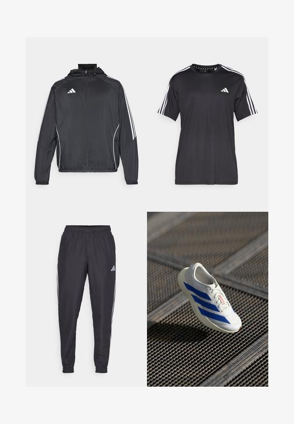 Black athletic jacket with a hood, featuring white stripes along the sleeves and a zippered front. Made from a smooth, lightweight fabric.; Black short-sleeve t-shirt with white three-stripe design on shoulders and logo on the chest. Made from breathable fabric, smooth texture.; Black athletic pants with an elastic waistband, featuring white stripes along the sides and a small logo on the hip. Smooth texture.; White athletic shoe with blue stripes, lightweight design, mesh upper, lace-up closure, and textured rubber sole, floating above a grid surface.