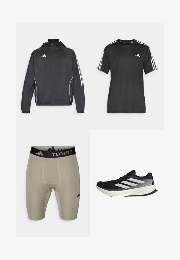 Czarna sportowa kurtka z kapturem, z białymi paskami wzdłuż rękawów i zasuwanym przodem. Wykonana z gładkiego, lekkiego materiału.; Czarny t-shirt z krótkim rękawem z białym wzorem trzech pasków na ramionach i logo na klatce piersiowej. Wykonany z oddychającego materiału, o gładkiej fakturze.; adidas Performance - Rajstopy; Czarny but sportowy z siateczkowym wzorem, z białymi paskami, zaokrąglonym noskiem i teksturowaną podeszwą dla lepszej przyczepności i wsparcia.