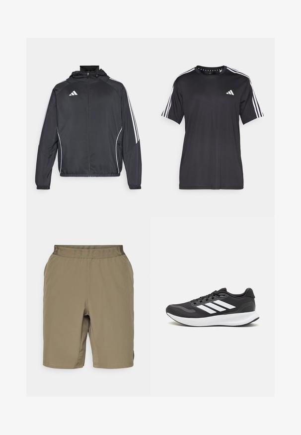 Svart sportsjakke med hette, med hvite striper langs ermene og glidelås foran. Laget av et glatt, lett stoff.; Svart kortermet t-skjorte med hvit tre-stripesdesign på skuldrene og logo på brystet. Laget av pustevennlig stoff med glatt tekstur.; Kaki shorts med en myk tekstur, elastisk midjebånd med "BJORN" i en ton-i-ton farge, og ventilasjonsåpninger på siden.; Svarte sportsko med pustende mesh-overdel, hvite detaljer og en polstret såle. Har tre striper-logo på siden.