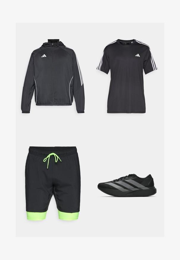 Must värvi sportlik jakk kapuutsiga, millel on valged triibud varrukatel ja lukuga esiosa. Valmistatud siledast, kergest kangast.; Mustaline lühikeste varrukatega t-särk musta värviga, millel on valge kolme triibu disain õlgadel ja logo rinnal. Valmistatud hingavast kangast, sile tekstuur.; Mustad mustad ujumispüksid neoonroheliste aktsentidega. Omab elastset vöökohta koos paelaga ja kontrastset sisemust. Sile tekstuur.; Must have mustangid! Need light and trendy athletic shoes? These black sneakers have a streamlined design featuring three large hallal gray stripes. Their smooth texture and ergonomically contoured sole provide ultimate comfort.