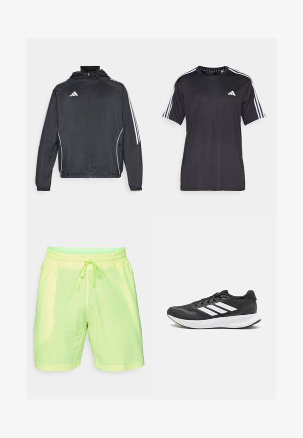 Veste de sport noire avec capuche, présentant des bandes blanches le long des manches et un devant zippé. Fabriquée en tissu léger et lisse.; T-shirt noir à manches courtes avec un design à trois bandes blanches sur les épaules et un logo sur la poitrine. Fabriqué en tissu respirant, texture lisse.; Shorts de sport vert lime en tissu en maille léger et respirant, avec une taille élastique et un cordon de serrage. Présente un motif texturé.; Baskets de sport noires avec tige en mesh respirant, accents blancs et semelle rembourrée. Présente le logo à trois bandes sur le côté.