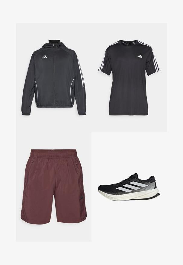 Schwarze Sportjacke mit Kapuze, ausgestattet mit weißen Streifen an den Ärmeln und einem Reißverschluss vorne. Hergestellt aus einem glatten, leichten Stoff.; Schwarzes T-Shirt mit kurzen Ärmeln und weißem Dreistrichdesign an den Schultern sowie Logo auf der Brust. Hergestellt aus atmungsaktivem Stoff, glatte Textur.; adidas Performance TR-ES WV SHO - Kurze Sporthose - shadow brown/black; Schwarzer Sportschuh mit einem Mesh-Design, ausgestattet mit weißen Streifen, einer runden Zehenpartie und einer strukturierten Sohle für Grip und Unterstützung.