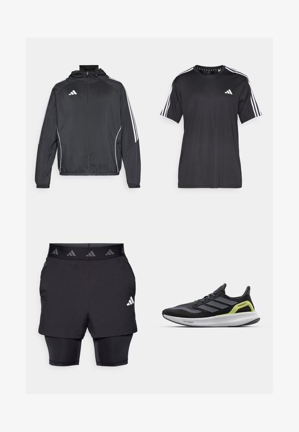 Black athletic jacket with a hood, featuring white stripes along the sleeves and a zippered front. Made from a smooth, lightweight fabric.; Black short-sleeve t-shirt with white three-stripe design on shoulders and logo on the chest. Made from breathable fabric, smooth texture.; Black athletic shorts with an inner layer. Textured fabric on outer shorts, featuring a patterned elastic waistband and a logo accent.; Black running shoe with grey accents, mesh upper, and a white midsole. Features include "Lightboost" branding and a green detail on the heel.