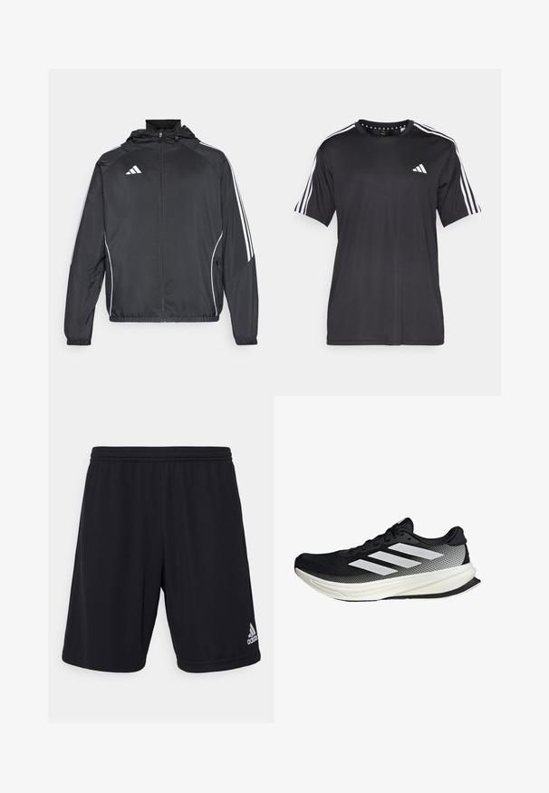 Zwarte sportjack met capuchon, voorzien van witte strepen langs de mouwen en een ritssluiting aan de voorkant. Gemaakt van een gladde, luchtige stof.; Zwarte t-shirt met korte mouwen, voorzien van een witte drie-strepen design op de schouders en een logo op de borst. Gemaakt van ademend materiaal met een zachte textuur.; Zwarte sportshorts gemaakt van een lichtgewicht, ademend materiaal. Voorzien van een elastische tailleband en een zilveren Adidas-logo aan de onderzijde rechts.; Zwarte sportieve schoen met een mesh ontwerp, voorzien van witte strepen, een ronde neus en een gestructureerde zool voor grip en ondersteuning.