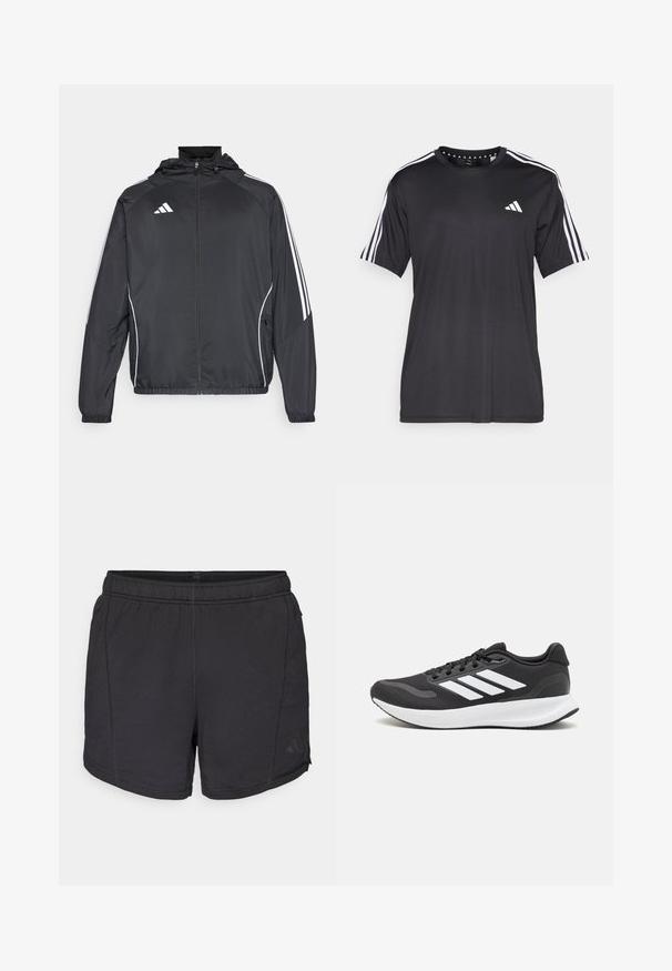 Must värvi sportlik jakk kapuutsiga, millel on valged triibud varrukatel ja lukuga esiosa. Valmistatud siledast, kergest kangast.; Mustaline lühikeste varrukatega t-särk musta värviga, millel on valge kolme triibu disain õlgadel ja logo rinnal. Valmistatud hingavast kangast, sile tekstuur.; Mustad mustad lühikesed püksid elastse vööga ja diskreetse Adidas'i logo vasakul jalal, esitlemine ühtlases valges taustal.; Mustmust valmistatud õhulise võrgu ülemise osa, valgete aktsentidega ja pehme tallaga must sportlik king. Küljel on kolm triipu kujutav logo.