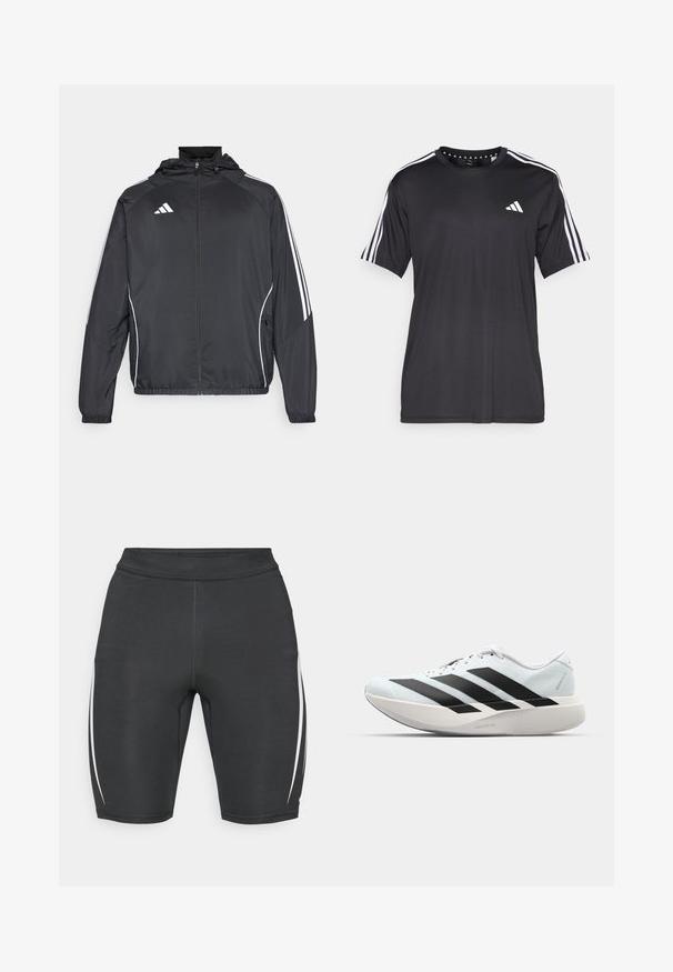 Jachetă sport neagră cu glugă, decorată cu dungi albe pe mâneci și cu fermoar în față. Fabricată dintr-un material neted și ușor.; Tricou negru cu mânecă scurtă, cu un design cu trei dungi albe pe umeri și logo pe piept. Fabricat dintr-un material breathable, cu o textură fină.; Pantaloni scurți atletici negri cu dungi albe pe laterale, fabricați dintr-un material elastic, având un talie înaltă și un design pe măsură pentru confort.; Pantofi de alergare ușori în albastru deschis cu dungi negre. Au un superior neted, vârf rotund și o intermediară groasă albă etichetată "LIGHTSTRIKE PRO."