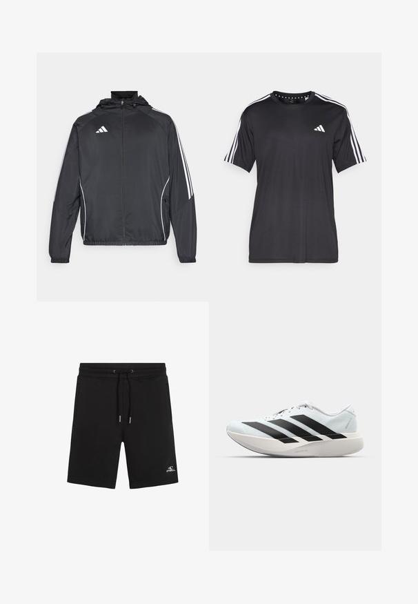 Veste de sport noire avec capuche, présentant des bandes blanches le long des manches et un devant zippé. Fabriquée en tissu léger et lisse.; T-shirt noir à manches courtes avec un design à trois bandes blanches sur les épaules et un logo sur la poitrine. Fabriqué en tissu respirant, texture lisse.; Shorts en polaire noire avec une taille élastique et un cordon de serrage. Comprend deux poches latérales et un logo blanc sur la jambe inférieure gauche.; Baskets de course légères en bleu pâle avec des rayures noires. Elles présentent un dessus lisse, un embout rond et une semelle intermédiaire blanche épaisse étiquetée "LIGHTSTRIKE PRO".