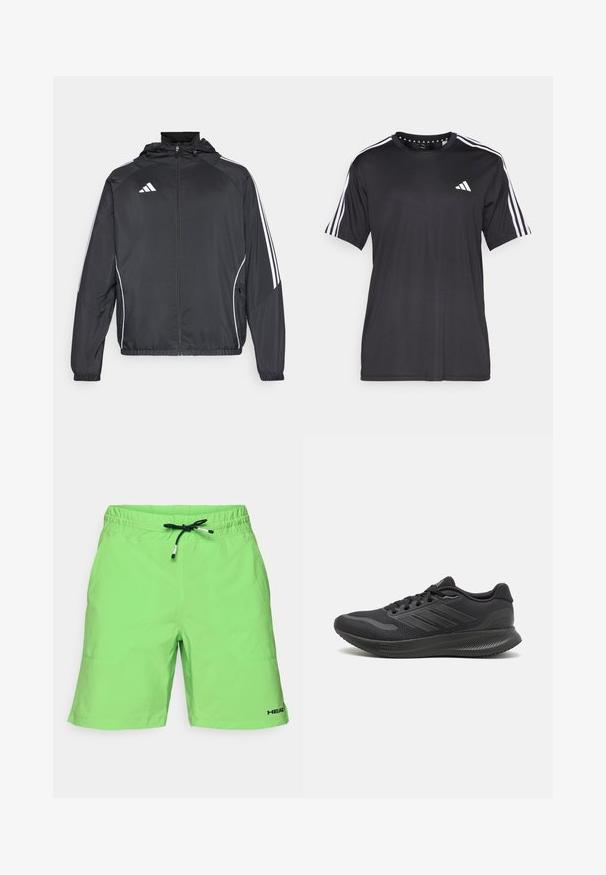 Juodas sportinis džemperis su kapišonu, turintis baltas juosteles palei rankoves ir užtrauktuką priekyje. Pagamintas iš lygaus, lengvo audinio.; Juodas trumpas rankovėmis marškinėliai su balta trijų juostų dizainu ant pečių ir logotipu ant krūtinės. Pagaminta iš kvėpuojančios medžiagos, lygaus pynimo.; Šviesiai žali šortai su elastingu juosmeniu, reguliuojama juoda raišteliu ir logotipu. Glotni tekstūra su šoninėmis kišenėmis.; Juodi sportiniai bateliai su tinkline viršutine dalimi, lygiomis tekstilinėmis detalėmis, apvaliu nosimi, plokščiais raišteliais ir įvairiapusiu guminės pado tekstūru, užtikrinančiu sukibimą.