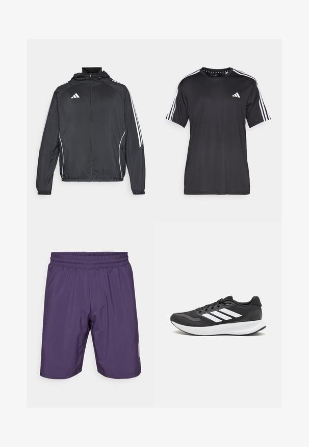 Chaqueta atlética negra con capucha, con rayas blancas a lo largo de las mangas y un cierre frontal con cremallera. Hecha de un tejido suave y ligero.; Camiseta negra de manga corta con diseño de tres franjas blancas en los hombros y logo en el pecho. Fabricada con un tejido transpirable y de textura suave.; Pantalones cortos deportivos morados con cinturilla elástica, textura suave y acentos laterales. Presenta una longitud a mitad del muslo y un diseño sencillo.; Zapatilla deportiva negra con parte superior de malla transpirable, acentos en blanco y una suela acolchada. Presenta el logo de tres rayas en el costado.