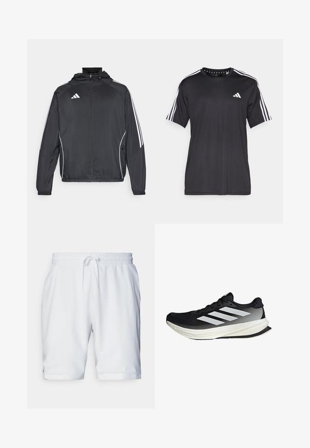 Schwarze Sportjacke mit Kapuze, ausgestattet mit weißen Streifen an den Ärmeln und einem Reißverschluss vorne. Hergestellt aus einem glatten, leichten Stoff.; Schwarzes T-Shirt mit kurzen Ärmeln und weißem Dreistrichdesign an den Schultern sowie Logo auf der Brust. Hergestellt aus atmungsaktivem Stoff, glatte Textur.; Weiße Sportshorts mit elastischem Bund und verstellbarem Kordelzug. Glatter Stoff mit subtiler Textur, ausgestattet mit Seitentaschen.; Schwarzer Sportschuh mit einem Mesh-Design, ausgestattet mit weißen Streifen, einer runden Zehenpartie und einer strukturierten Sohle für Grip und Unterstützung.