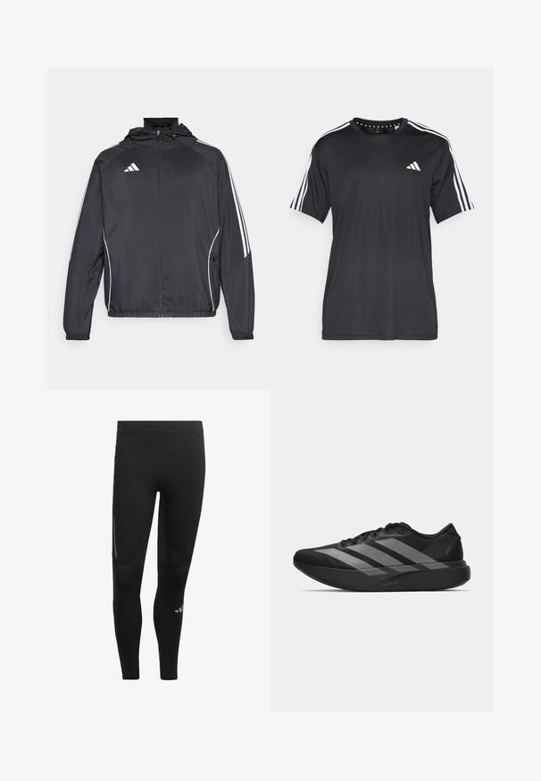 Giacca atletica nera con cappuccio, caratterizzata da strisce bianche lungo le maniche e chiusura con zip frontale. Realizzata in un tessuto liscio e leggero.; T-shirt nera a maniche corte con design a tre strisce bianche sulle spalle e logo sul petto. Realizzata in tessuto traspirante, con una texture liscia.; Leggings sportivi neri realizzati in materiale elastico, con vita alta, dettagli riflettenti e un logo vicino alla caviglia. Texture liscia.; Scarpe sportive nere con un design leggero, caratterizzate da tre strisce grigie prominenti, una superficie liscia e una suola sagomata.