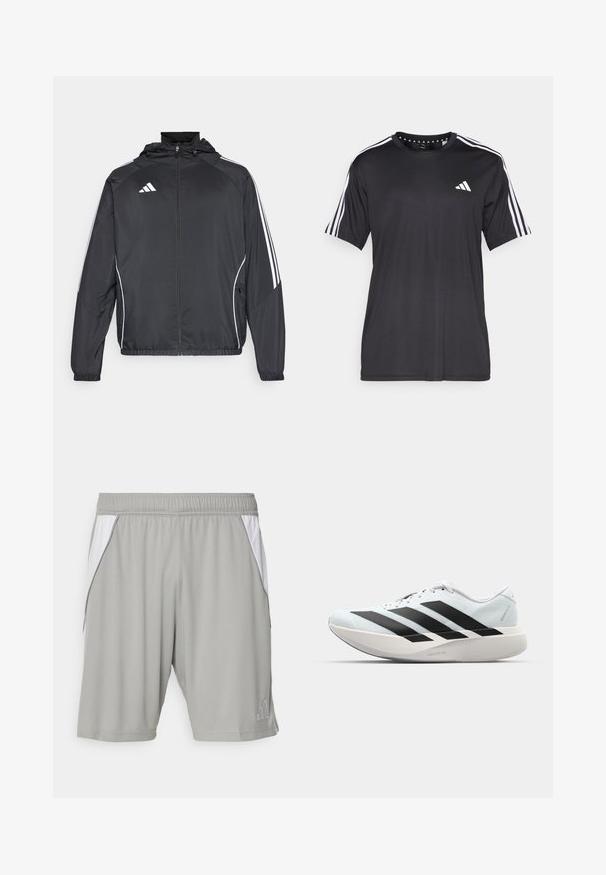 Black athletic jacket with a hood, featuring white stripes along the sleeves and a zippered front. Made from a smooth, lightweight fabric.; Black short-sleeve t-shirt with white three-stripe design on shoulders and logo on the chest. Made from breathable fabric, smooth texture.; Gray athletic shorts made of lightweight fabric, featuring white side panels, an elastic waistband, and a small logo in the lower corner.; Lightweight running shoes in pale blue with black stripes. Features a smooth upper, round toe, and thick white midsole labeled "LIGHTSTRIKE PRO."