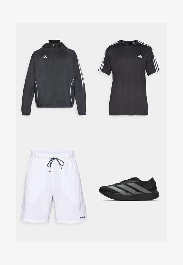 Must värvi sportlik jakk kapuutsiga, millel on valged triibud varrukatel ja lukuga esiosa. Valmistatud siledast, kergest kangast.; Mustaline lühikeste varrukatega t-särk musta värviga, millel on valge kolme triibu disain õlgadel ja logo rinnal. Valmistatud hingavast kangast, sile tekstuur.; Valged ujumispüksid, millel on nööriga vöökoht ja tumesinised aktsendid, külgedel on taskud ja vasakpoolsel allservas logo. Kerge kangas.; Must have mustangid! Need light and trendy athletic shoes? These black sneakers have a streamlined design featuring three large hallal gray stripes. Their smooth texture and ergonomically contoured sole provide ultimate comfort.