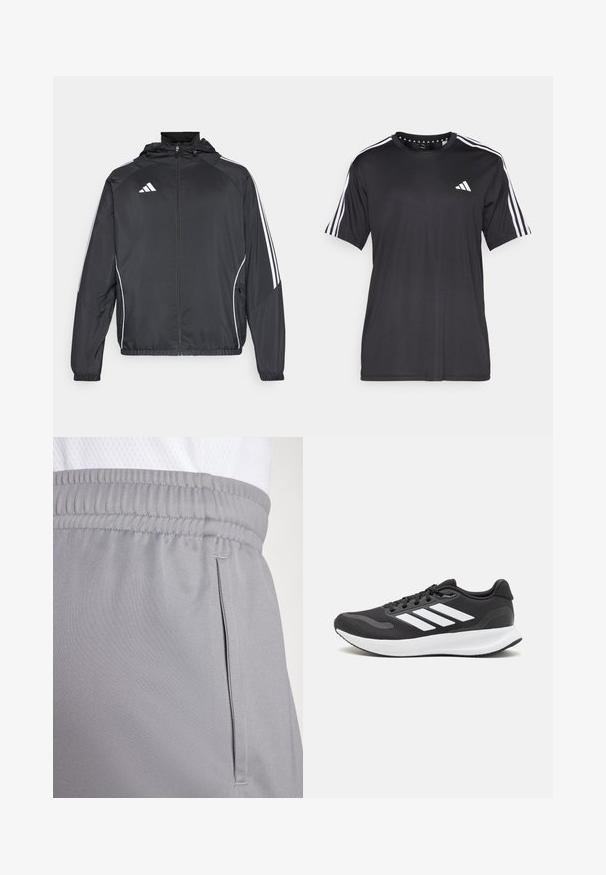 Černá sportovní bunda s kapucí, s bílými pruhy podél rukávů a s předním zipem. Vyrobena z hladkého, lehkého materiálu.; Černé tričko s krátkým rukávem a bílým designem se třemi pruhy na ramenou a logem na hrudi. Vyrobeno z prodyšného materiálu, hladká textura.; Šedé sportovní šortky vyrobené z lehkého materiálu, s elastickým pasem a boční kapsou. Hladká textura s jemnými švy.; Černá sportovní obuv s prodyšným síťovaným svrškem, bílými akcenty a polstrovanou podrážkou. Na boku se nachází logo se třemi pruhy.