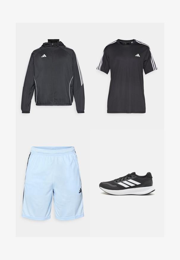 Svart sportsjakke med hette, med hvite striper langs ermene og glidelås foran. Laget av et glatt, lett stoff.; Svart kortermet t-skjorte med hvit tre-stripesdesign på skuldrene og logo på brystet. Laget av pustevennlig stoff med glatt tekstur.; adidas Performance Sports shorts - glow blue/black; Svarte sportsko med pustende mesh-overdel, hvite detaljer og en polstret såle. Har tre striper-logo på siden.