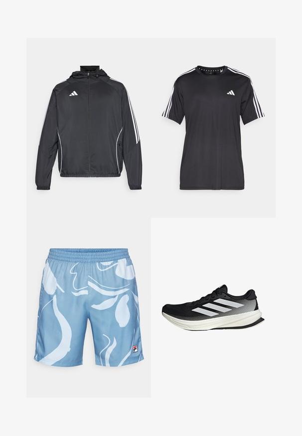 Černá sportovní bunda s kapucí, s bílými pruhy podél rukávů a s předním zipem. Vyrobena z hladkého, lehkého materiálu.; Černé tričko s krátkým rukávem a bílým designem se třemi pruhy na ramenou a logem na hrudi. Vyrobeno z prodyšného materiálu, hladká textura.; Fila SHORTS LEO - Sportovní kraťasy - captains blue; Černá sportovní boty s síťovaným designem, s bílými pruhy, zaoblenou špičkou a texturovanou podrážkou pro lepší přilnavost a oporu.