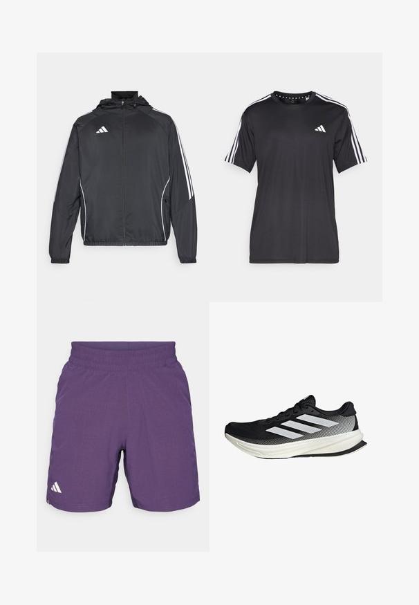 Black athletic jacket with a hood, featuring white stripes along the sleeves and a zippered front. Made from a smooth, lightweight fabric.; Black short-sleeve t-shirt with white three-stripe design on shoulders and logo on the chest. Made from breathable fabric, smooth texture.; Purple athletic shorts made from breathable fabric, featuring an elastic waistband and a white logo accent on the left side.; Black athletic shoe with a mesh design, featuring white stripes, a rounded toe, and a textured sole for grip and support.