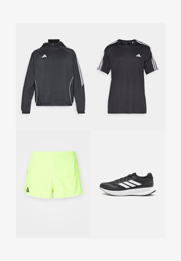 Must värvi sportlik jakk kapuutsiga, millel on valged triibud varrukatel ja lukuga esiosa. Valmistatud siledast, kergest kangast.; Mustaline lühikeste varrukatega t-särk musta värviga, millel on valge kolme triibu disain õlgadel ja logo rinnal. Valmistatud hingavast kangast, sile tekstuur.; Neoonkollased treeningshorts elastse vöökohtaga, küljetaskudega ja musta logoga vasakul all. Sile ja kerge kangas.; Mustmust valmistatud õhulise võrgu ülemise osa, valgete aktsentidega ja pehme tallaga must sportlik king. Küljel on kolm triipu kujutav logo.