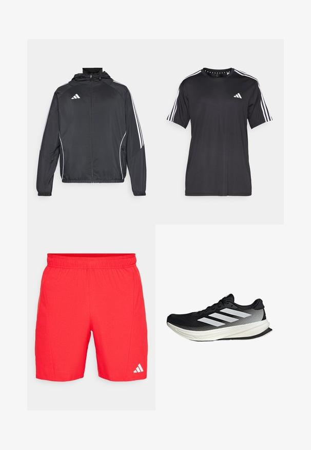 Zwarte sportjack met capuchon, voorzien van witte strepen langs de mouwen en een ritssluiting aan de voorkant. Gemaakt van een gladde, luchtige stof.; Zwarte t-shirt met korte mouwen, voorzien van een witte drie-strepen design op de schouders en een logo op de borst. Gemaakt van ademend materiaal met een zachte textuur.; Rode sportieve shorts met een elastische tailleband, gestructureerde stof en een wit Adidas-logo nabij de zoom.; Zwarte sportieve schoen met een mesh ontwerp, voorzien van witte strepen, een ronde neus en een gestructureerde zool voor grip en ondersteuning.