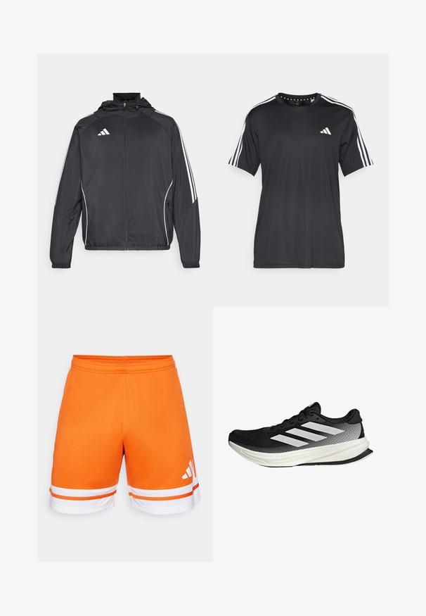 Crna atletska jakna s kapuljačom, s bijelim prugama duž rukava i zatvaranjem na zip. Izrađena od glatkog, laganog materijala.; Crna majica kratkih rukava s bijelim trostrukim dizajnom na ramenima i logotipom na prsima. Izrađena od prozračnog materijala, glatke teksture.; Narančaste atletske kratke hlače s glatkom teksturom, elastičnom trakom u struku i bijelim trakama na rubu. Bijeli logo s tri pruge sa strane.; Crna atletska cipela s mrežastim dizajnom, koja ima bijele pruge, zaobljeni vrh i teksturiranu potplate za prianjanje i potporu.