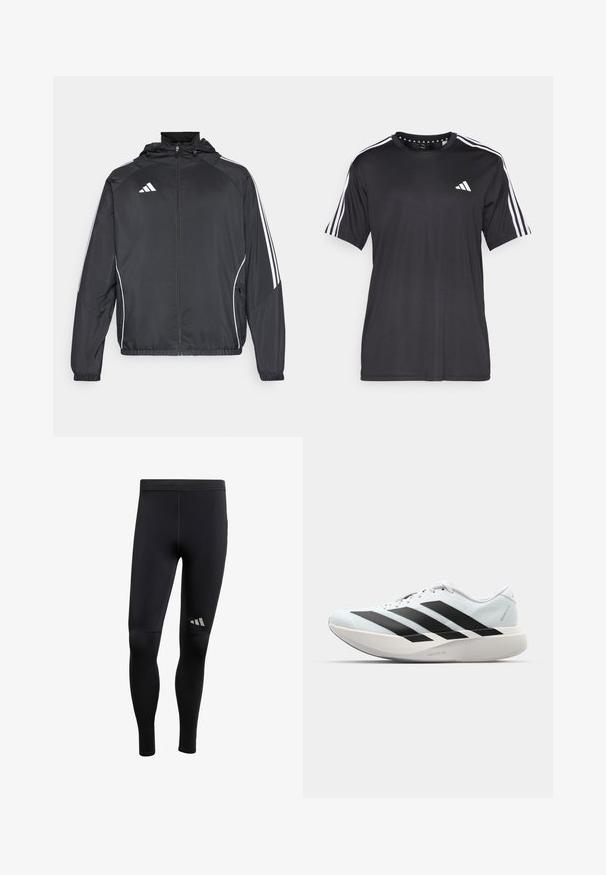 Must värvi sportlik jakk kapuutsiga, millel on valged triibud varrukatel ja lukuga esiosa. Valmistatud siledast, kergest kangast.; Mustaline lühikeste varrukatega t-särk musta värviga, millel on valge kolme triibu disain õlgadel ja logo rinnal. Valmistatud hingavast kangast, sile tekstuur.; Mustad mustad spordistreigid siledast kangast, millel on peegeldavad detailid ja keha lähedane lõige. Valmistatud venivast, niiskust eemal hoidvast materjalist.; Kerged jooksujalatsid helesinises värvuses mustade triipudega. Omavad siledat pealispinda, ümarat varvase osa ja paksu valget vahemõõtu, millel on silt "LIGHTSTRIKE PRO".