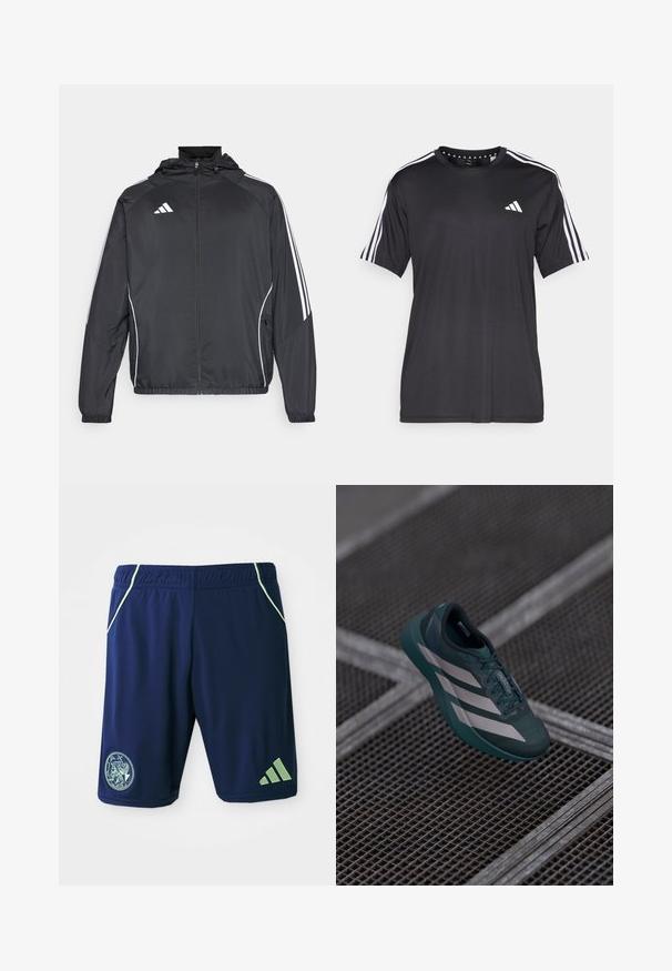 Jachetă sport neagră cu glugă, decorată cu dungi albe pe mâneci și cu fermoar în față. Fabricată dintr-un material neted și ușor.; Tricou negru cu mânecă scurtă, cu un design cu trei dungi albe pe umeri și logo pe piept. Fabricat dintr-un material breathable, cu o textură fină.; Șorturi atletice marine cu accente verzi, talie elastică, buzunare laterale, patch cu logo și design cu trei dungi pe piciorul inferior.; Pantofii sport de culoare teal închis, cu o suprafață texturată, prezentând trei dungi albe, vârful rotunjit și o talpă căptușită.