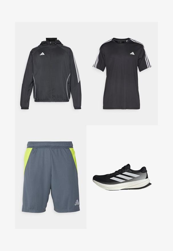 Svart idrottsjacka med huva, med vita ränder längs ärmarna och dragkedja framtill. Tillverkad av ett mjukt, lätt material.; Svart t-shirt med kort ärm och vit tre-stripes design på axlarna samt logotyp på bröstet. Tillverkad av andningsbart tyg med slät textur.; Grå sportshorts med neongröna sidopaneler, elastisk midjeband och en liten silverlogga på nedre högra sidan. Slät tygtextur.; Svart atletisk sko med nätmönster, som har vita ränder, rund tå och en strukturerad sula för grepp och stöd.