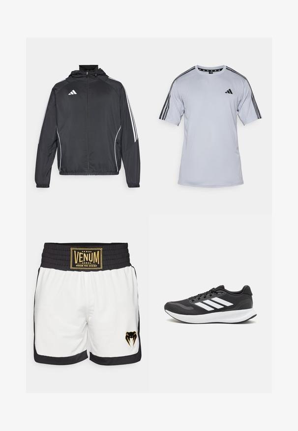 Fekete sportos dzseki kapucnival, fehér csíkokkal az ujjak mentén és cipzáras elülső résszel. Simább, könnyű anyagból készült.; Világosszürke, rövidujjú sportpóló légáteresztő anyagból. Fekete háromcsíkos díszítéssel rendelkezik a vállakon és egy kis logóval a mellkason.; Fehér boksznadrág fekete részletekkel. Rugalmas derékpántján arany "Venum Pro Boxing" felirat található. Fekete kígyó logó hímzése az oldalon.; Fekete sportcipő légáteresztő hálós felsőrésszel, fehér kiegészítőkkel és párnázott talppal. Az oldalon három csíkkal ellátott logó található.