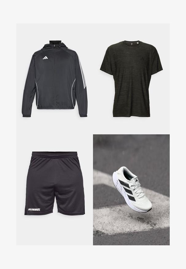 Zwarte sportjack met capuchon, voorzien van witte strepen langs de mouwen en een ritssluiting aan de voorkant. Gemaakt van een gladde, luchtige stof.; Donkergroene T-shirt met korte mouwen, voorzien van een gestructureerd patroon, een ronde halslijn en een klein zwart logo op de borst. Rechte onderzoom.; Zwarte sportshorts van glad, lichtgewicht materiaal. Voorzien van een elastische tailleband en het "HUMMEL" logo in het wit op het linkerpijp.; Witte sportschoen met een textuur van mesh, zwarte strepen, vetersluiting en een gevoerde zool, zwevend boven een gemarkeerd wegoppervlak.