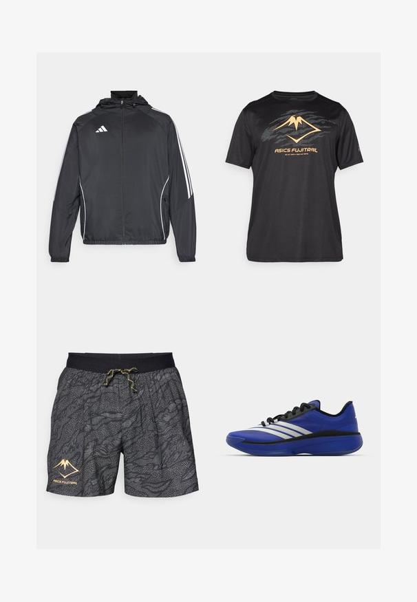 Schwarze Sportjacke mit Kapuze, ausgestattet mit weißen Streifen an den Ärmeln und einem Reißverschluss vorne. Hergestellt aus einem glatten, leichten Stoff.; ASICS FUJITRAIL LOGO TOP - Sport T-Shirt - performance black; Schwarze Shorts mit einem strukturierten Muster aus grauen Wellen und gepunkteten Akzenten. Mit einem schwarzen elastischen Bund und einer gelben Kordel sowie einem Logo.; adidas Performance ADIZERO SELECT 3.0 - Basketballschuh - lucid blue/core black/metallic