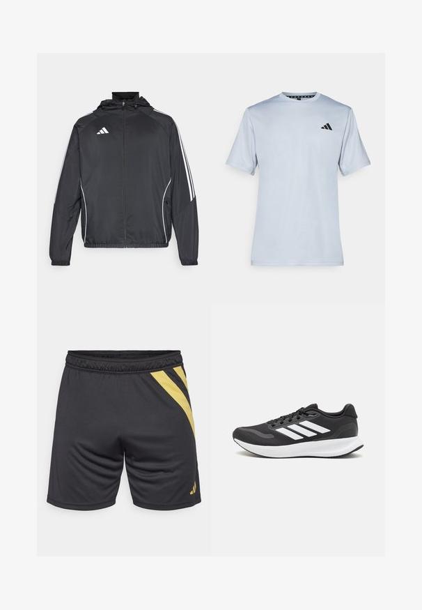 Jachetă sport neagră cu glugă, decorată cu dungi albe pe mâneci și cu fermoar în față. Fabricată dintr-un material neted și ușor.; adidas Performance Bluză sport - halo silver-coloured/black; Pantaloni scurți atletici negri cu un design de dungi diagonale galbene, talie elastică și textură netedă, potriviți pentru sport și exerciții.; Pantof cu aspect sport de culoare neagră, cu un upper din plasă respirabilă, accente albe și o talpă amortizată. Include logo-ul cu trei dungi pe lateral.