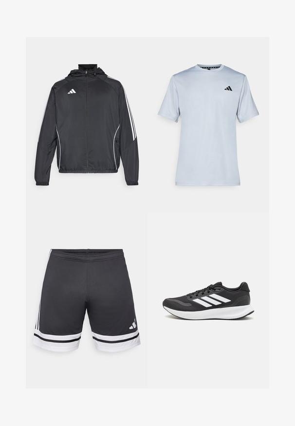 Veste de sport noire avec capuche, présentant des bandes blanches le long des manches et un devant zippé. Fabriquée en tissu léger et lisse.; adidas Performance T-shirt de sport - halo silver-coloured/black; Shorts de sport noirs en tissu lisse. Présentent des rayures blanches à l'ourlet et sur les côtés. Taille élastique pour le confort. Logo sur le bas.; Baskets de sport noires avec tige en mesh respirant, accents blancs et semelle rembourrée. Présente le logo à trois bandes sur le côté.
