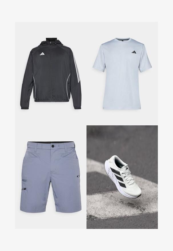 Must värvi sportlik jakk kapuutsiga, millel on valged triibud varrukatel ja lukuga esiosa. Valmistatud siledast, kergest kangast.; adidas Performance Spordi T-särk - halo silver-coloured/black; Heledad hallid lühikesed püksid, mis on valmistatud siledast kangast. Omavad kahte esi-taskut, külje tõmblukk-taskut ja musta vöökohta. Loodud igapäevaseks kandmiseks.; Valge spordijalats tekstuurse võrgu pealmise osaga, mustade triipudega, nööriga kinnitamine ja pehmendatud tallaga, levib märgitud teepinna kohal.