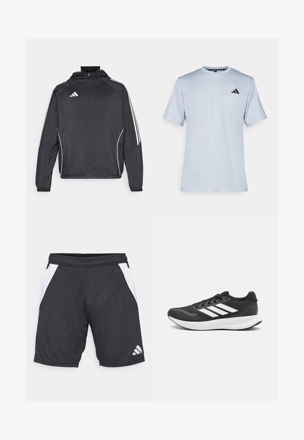 Fekete sportos dzseki kapucnival, fehér csíkokkal az ujjak mentén és cipzáras elülső résszel. Simább, könnyű anyagból készült.; adidas Performance Sportfelső - halo silver-coloured/black; Fekete sportnadrág könnyű anyagból, fehér oldalsó panelekkel, és az Adidas logóval az alsó jobb részen. Rugalmas derékpánttal rendelkezik.; Fekete sportcipő légáteresztő hálós felsőrésszel, fehér kiegészítőkkel és párnázott talppal. Az oldalon három csíkkal ellátott logó található.