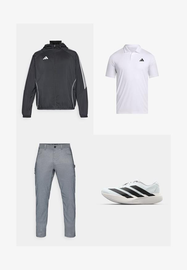 Juodas sportinis džemperis su kapišonu, turintis baltas juosteles palei rankoves ir užtrauktuką priekyje. Pagamintas iš lygaus, lengvo audinio.; Balta polo marškinėliai, pagaminti iš kvėpuojančios medžiagos, su apykakle, trumpomis rankovėmis ir juodu Adidas logotipu kairiajame krūtinės kampe.; Pilkos tekstūruotos medvilnės kelnių su tiesiu sėdėjimu, su priekiniu mygtuko užsegimu, šoninėmis kišenėmis ir papildoma cargo kišene kairėje koja.; Lengvi bėgimo batai šviesiai mėlynos spalvos su juodomis juostelėmis. Yra lygus viršus, apvalus pirštas ir storas baltas vidpadis su užrašu "LIGHTSTRIKE PRO."