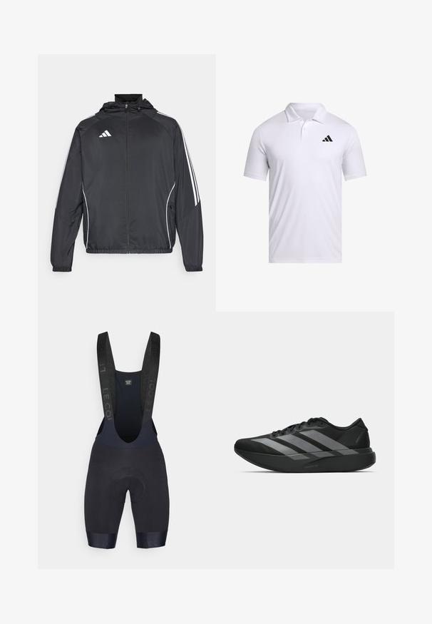 Juodas sportinis džemperis su kapišonu, turintis baltas juosteles palei rankoves ir užtrauktuką priekyje. Pagamintas iš lygaus, lengvo audinio.; Balta polo marškinėliai, pagaminti iš kvėpuojančios medžiagos, su apykakle, trumpomis rankovėmis ir juodu Adidas logotipu kairiajame krūtinės kampe.; Juodos dviračių šortai, pagaminti iš tamprus audinys su paminkštinta kempine. Yra reguliuojamos petnešos ir lygus apdailos kraštas.; Juodos sportinės avalynės, lengvos konstrukcijos, su trimis aiškiomis pilkomis juostomis, lygiu paviršiumi ir kontūrine padu.