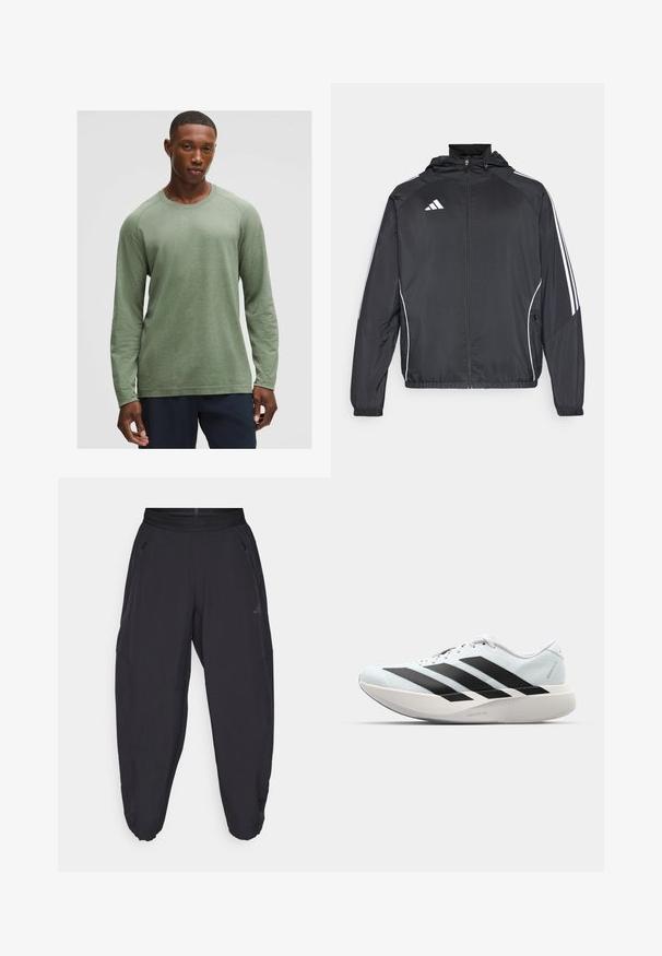 Melnā sporta jaka ar kapuci, ar baltām svītrām pa piedurknēm un ar rāvējslēdzēju priekšpusē. Izgatavota no gludas, vieglas auduma.; Ilgas piedurknes krekls blāvā zaļā krāsā ar strukturētu rakstu, apaļu apkakli un raglan piedurknēm, izgatavots no mīksta, viegla auduma.; Melni sporta bikses ar elastīgu jostu, ar kabatām ar rāvējslēdzēju sānos, sašaurinātām kājām un diskrētu logotipu labajā augšstilbā.; Gaiši zili vieglie skriešanas apavi ar melniem svītrainiem. Iezīmēti ar gludu augšpusi, apaļu purngalu un biezāko balto vidējo zoli, kurā ir uzraksts "LIGHTSTRIKE PRO."