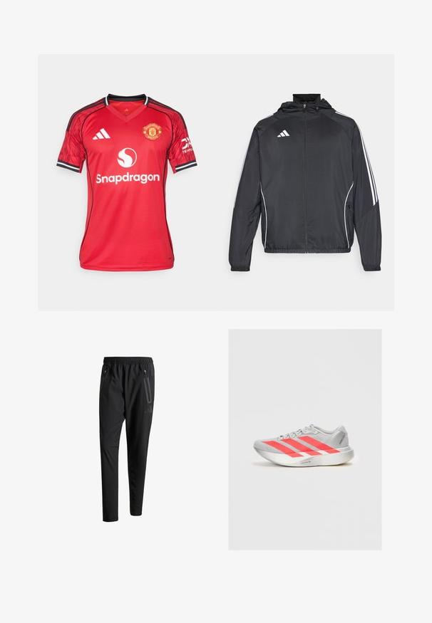 Casaco atlético preto com capuz, apresentando riscas brancas ao longo das mangas e um fecho éclair na frente. Fabricado em um tecido liso e leve.; Camisa vermelha do Manchester United com detalhes em preto, design em V, logótipo da Adidas, emblema do clube e marca Snapdragon ao centro.; Calças de treino pretas com uma cintura elástica, dois bolsos laterais com fecho, pernas ajustadas e um discreto detalhe de logotipo no quadril.; Sapata de corrida leve em cinza com detalhes em vermelho e design de três riscas. Apresenta um cabedal suave, bico arredondado e sola texturizada.