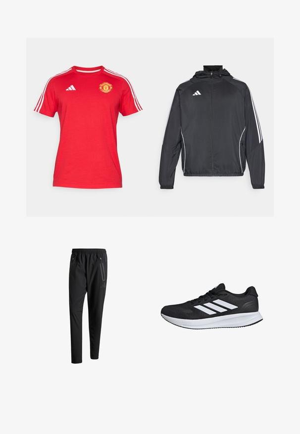Crna atletska jakna s kapuljačom, s bijelim prugama duž rukava i zatvaranjem na zip. Izrađena od glatkog, laganog materijala.; Crvena pamučna majica s kratkim rukavima, s bijelim Adidas prugama na ramenima i logom Manchester Uniteda na prsima.; Crne atletske hlače s elastičnim pojasom, dva bočna džepa sa zatvaračem, suženi nogavici i diskretnim logotipom na kuku.; Crne atletske cipele s bijelim prugama, mrežastim gornjim dijelom, ublaženom potplatom i teksturiranim detaljima. Imaju vezanje na vezice i logotip branda na jeziku.