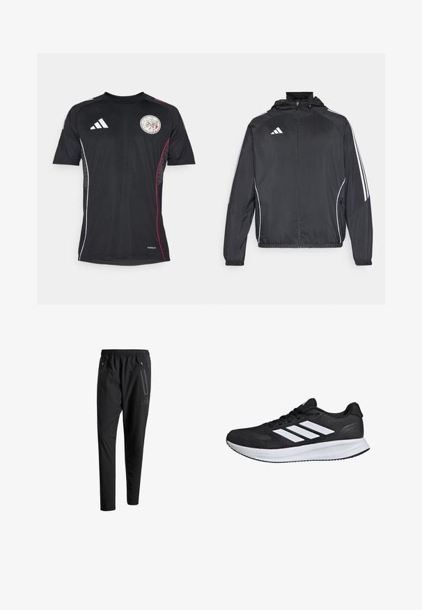 Sort atletisk jakke med hætte, med hvide striber langs ærmerne og lynlås foran. Lavet af et glat, let materiale.; Sort atletisk skjorte med korte ærmer, der har en rund hals, hvide accenter, røde sidelister og et cirkulært emblem på brystet.; Sorte atletiske bukser med elastisk talje, to lynlåslommer på siden, tætsiddende ben og en diskret logo-detalje på hoften.; Sort atletisk sko med hvide striber, mesh-overdel, polstret sål og teksturerede detaljer. Har et snørebåndsdesign og brandlogo på tungen.
