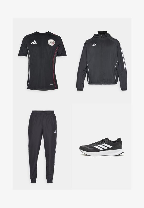 Czarna sportowa kurtka z kapturem, z białymi paskami wzdłuż rękawów i zasuwanym przodem. Wykonana z gładkiego, lekkiego materiału.; Czarna koszulka sportowa z krótkim rękawem, z okrągłym dekoltem, białymi akcentami, czerwonymi paskami po bokach oraz okrągłym emblematem na klatce piersiowej.; Czarne spodnie sportowe z elastycznym paskiem w talii, z białymi paskami po bokach i małym logo na biodrze. Gładka faktura.; Czarne buty sportowe z oddychającą siateczką, białymi akcentami i wyściełaną podeszwą. Posiadają logo w postaci trzech pasków po boku.